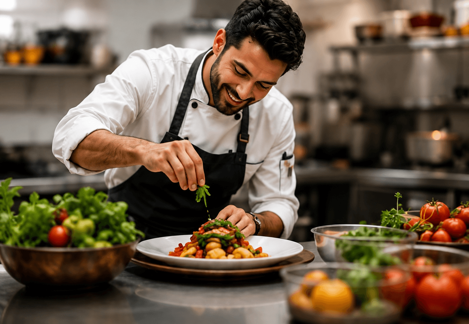 Chef plating a finished dish in a bright kitchen