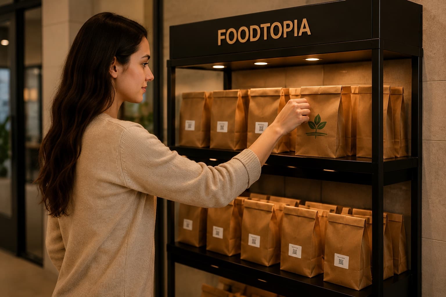 Resident collecting a meal from the lobby pickup shelves