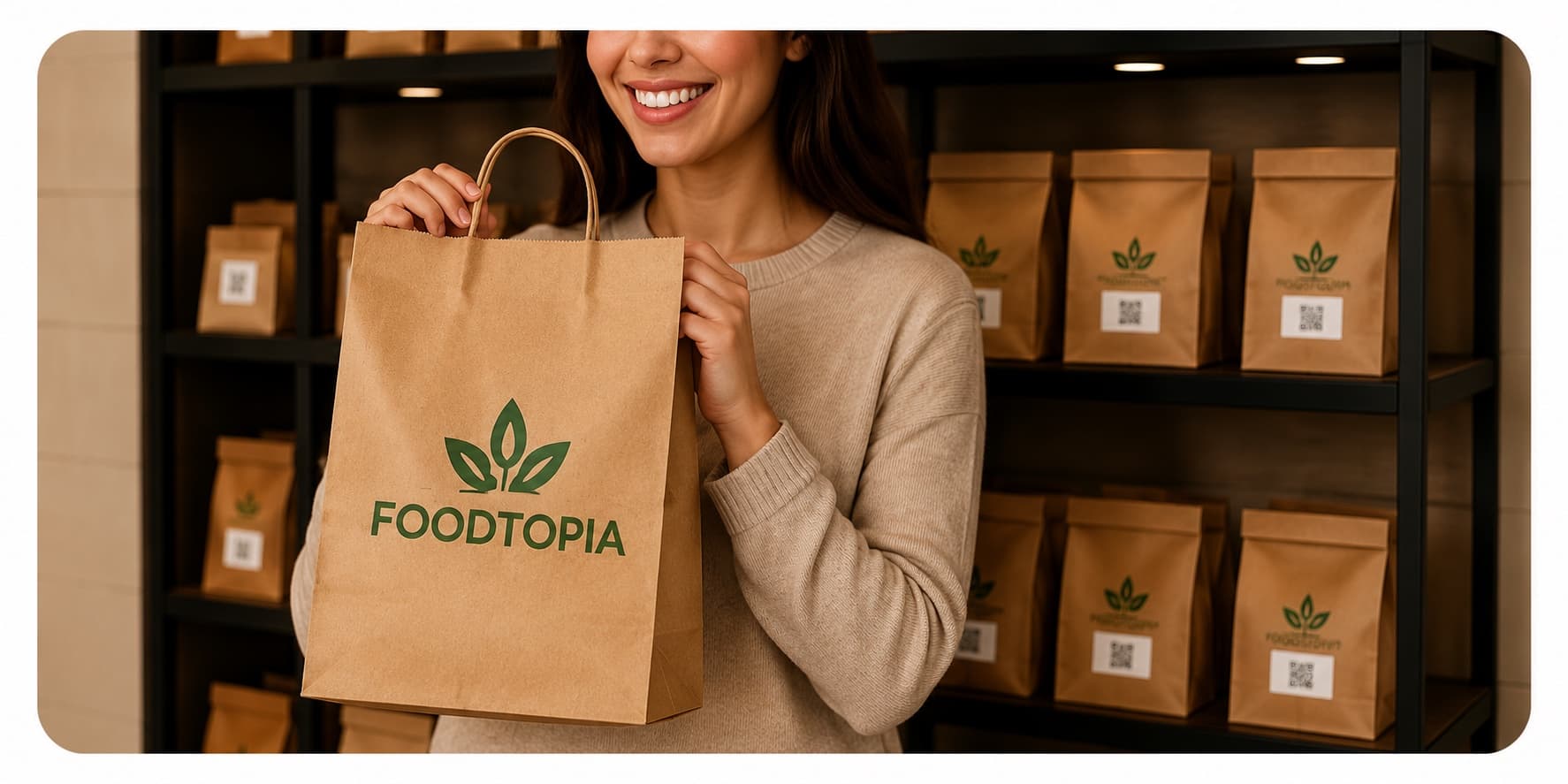 Happy resident with a FoodTopia meal bag